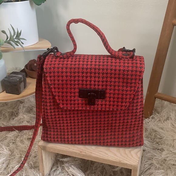 Vintage 80’s Chia Red/Black Leather Houndstooth Crossbody Mini Bag Made In Korea - Picture 1 of 17
